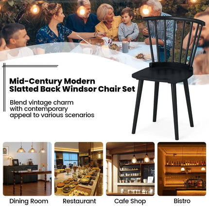 Windsor Dining Chairs Set of 2 Rubber Wood Kitchen Chairs with Spindle Back-Black - Black - Dining Chairs