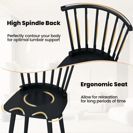 Windsor Dining Chairs Set of 2 Rubber Wood Kitchen Chairs with Spindle Back-Black - Black - Dining Chairs