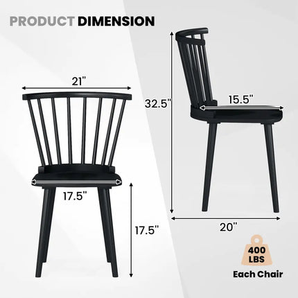 Windsor Dining Chairs Set of 2 Rubber Wood Kitchen Chairs with Spindle Back-Black - Black - Dining Chairs