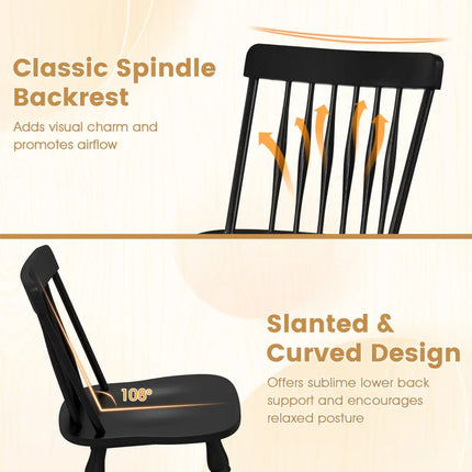 Windsor Dining Chairs Set of 2 with Curved Spindle Back-Black - Black - Dining Chairs