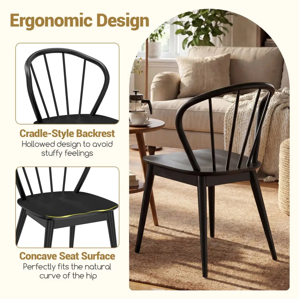 Windsor Dining Chairs Set of 4 with Spindle Backrest-Black - Black - Dining Chairs