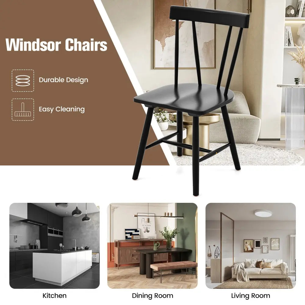 Windsor Style Armless Chairs with Solid Rubber Wood Frame-Black - Black - Chairs