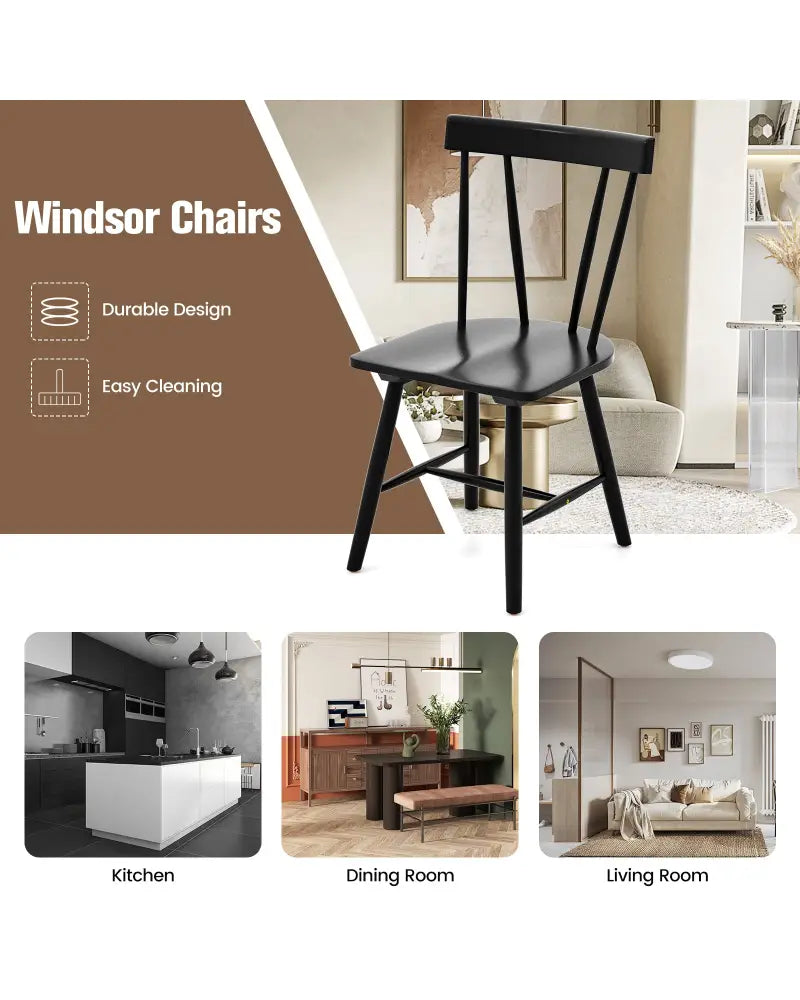 Windsor Style Armless Chairs with Solid Rubber Wood Frame-Black - Black - Chairs