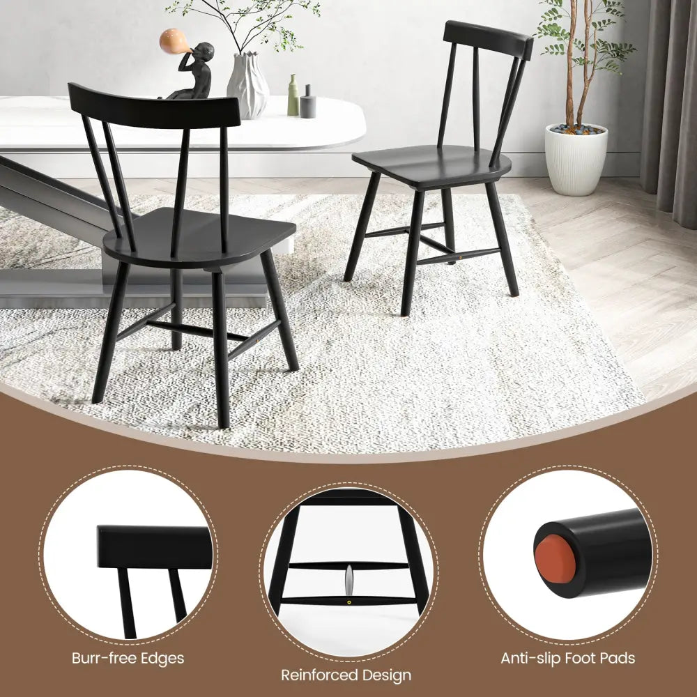 Windsor Style Armless Chairs with Solid Rubber Wood Frame-Black - Black - Chairs