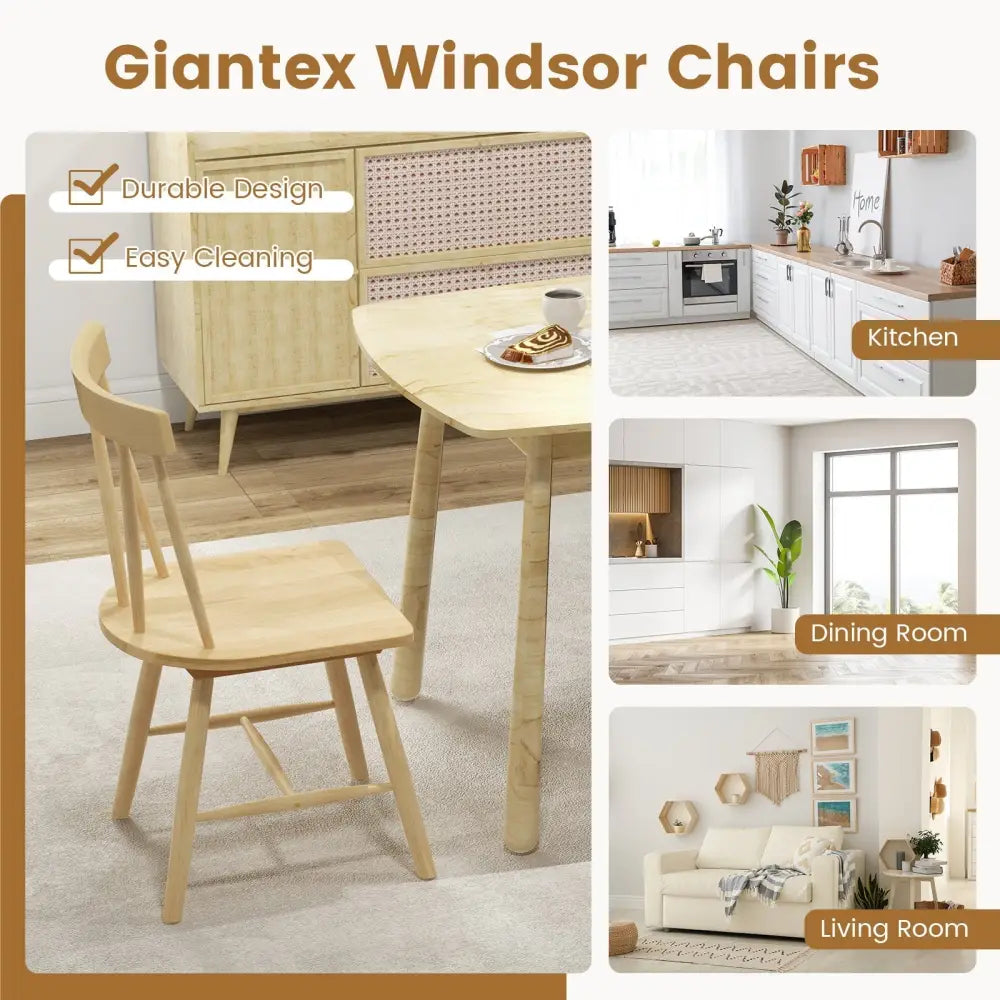 Windsor Style Armless Chairs with Solid Rubber Wood Frame-Natural - Natural - Chairs