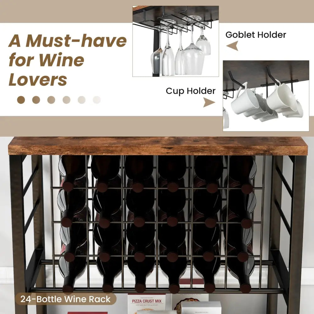 Wine Bar Cabinet Wine Rack with 4 Tier Storage Shelves and Glass Holders-Brown - Brown - Wine Racks