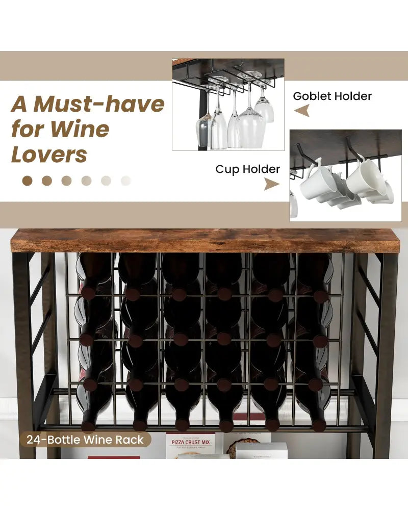 Wine Bar Cabinet Wine Rack with 4 Tier Storage Shelves and Glass Holders-Brown - Brown - Wine Racks
