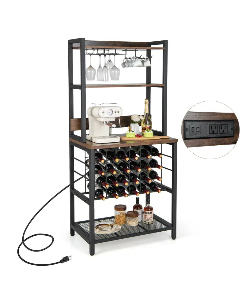 Wine Bar Cabinet Wine Rack with 4 Tier Storage Shelves and Glass Holders-Brown - Brown - Wine Racks