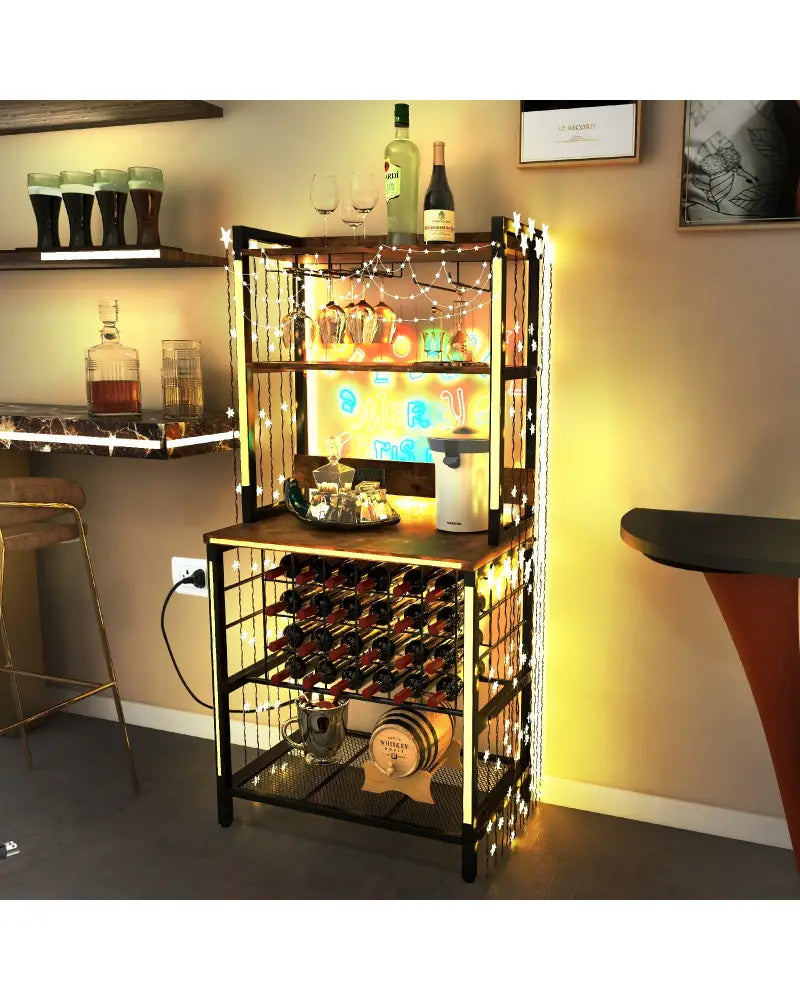 Wine Bar Cabinet Wine Rack with 4 Tier Storage Shelves and Glass Holders-Brown - Brown - Wine Racks