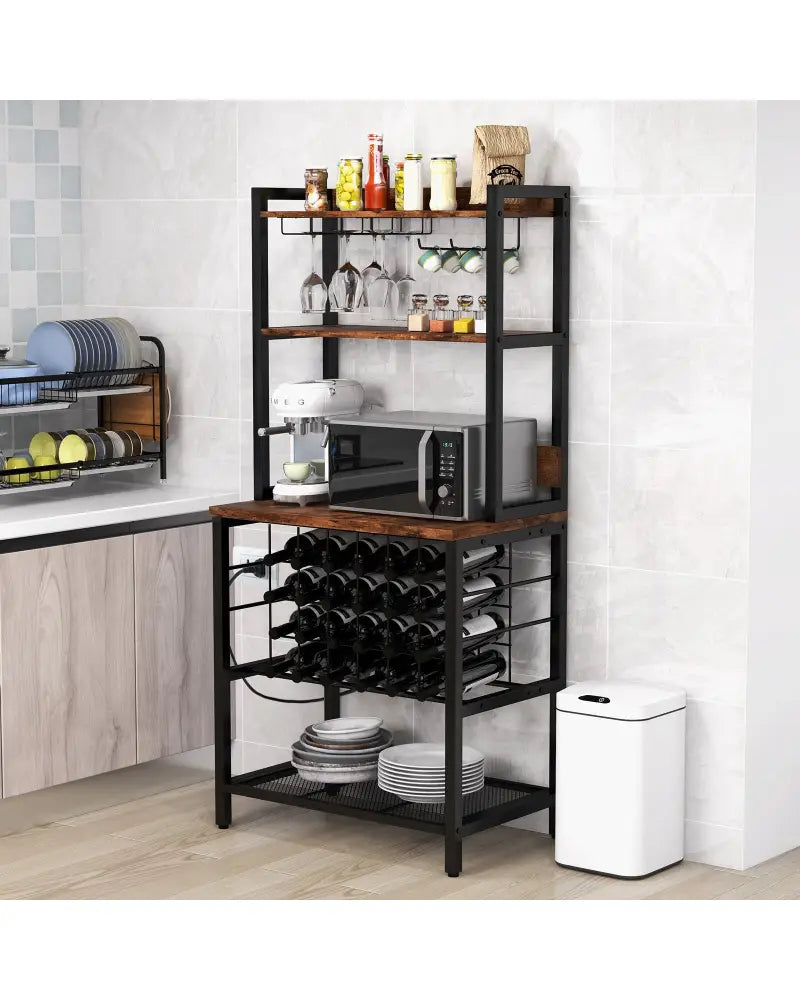 Wine Bar Cabinet Wine Rack with 4 Tier Storage Shelves and Glass Holders-Brown - Brown - Wine Racks
