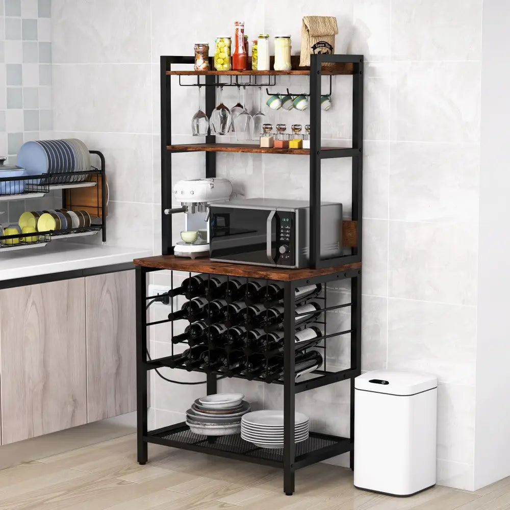 Wine Bar Cabinet Wine Rack with 4 Tier Storage Shelves and Glass Holders-Brown - Brown - Wine Racks