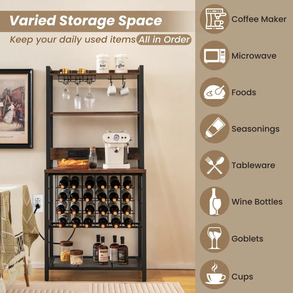 Wine Bar Cabinet Wine Rack with 4 Tier Storage Shelves and Glass Holders-Brown - Brown - Wine Racks