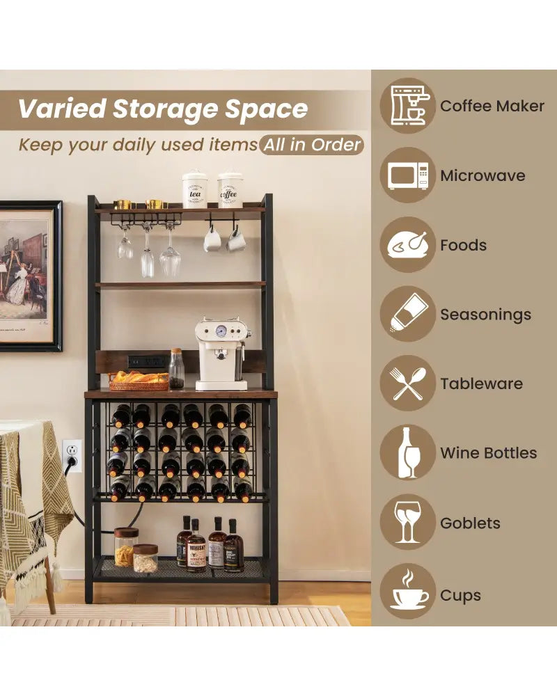 Wine Bar Cabinet Wine Rack with 4 Tier Storage Shelves and Glass Holders-Brown - Brown - Wine Racks