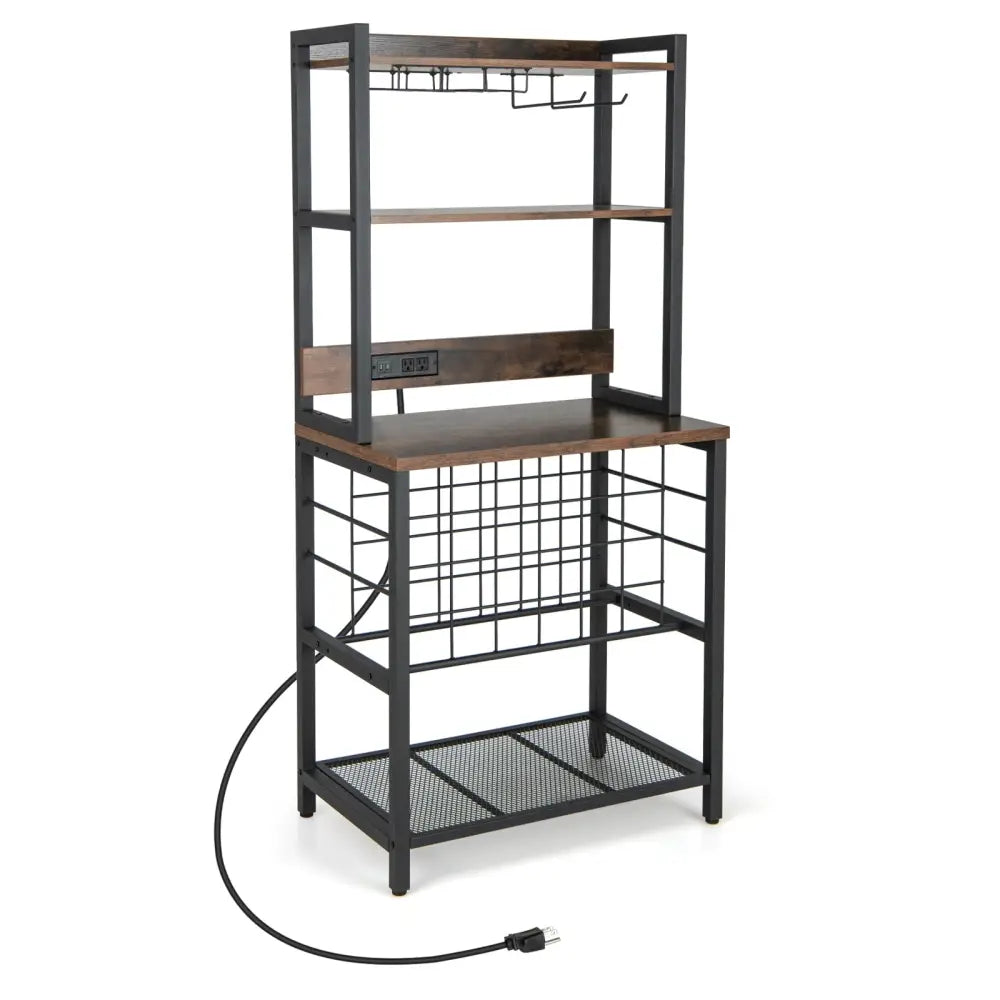 Wine Bar Cabinet Wine Rack with 4 Tier Storage Shelves and Glass Holders-Brown - Brown - Wine Racks