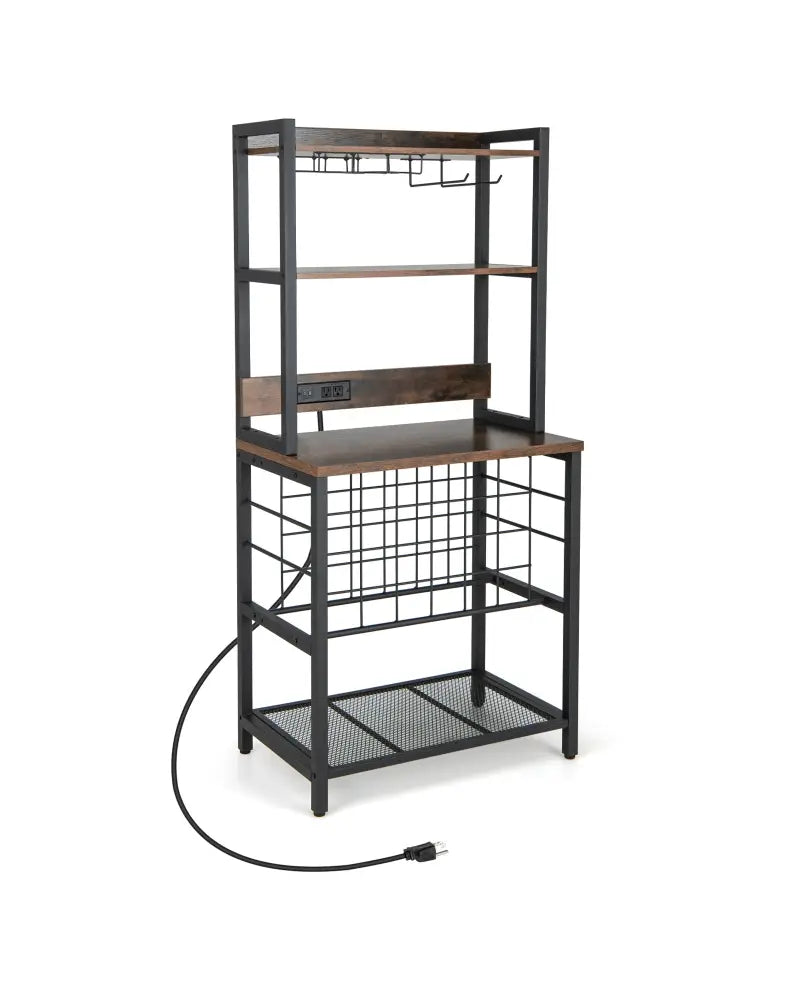 Wine Bar Cabinet Wine Rack with 4 Tier Storage Shelves and Glass Holders-Brown - Brown - Wine Racks