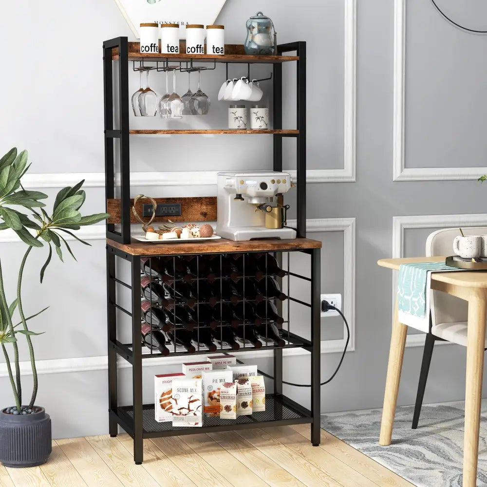 Wine Bar Cabinet Wine Rack with 4 Tier Storage Shelves and Glass Holders-Brown - Brown - Wine Racks