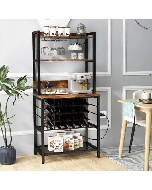 Wine Bar Cabinet Wine Rack with 4 Tier Storage Shelves and Glass Holders-Brown - Brown - Wine Racks