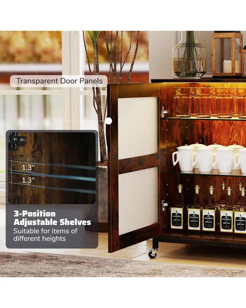 Wine Bar Cabinet with LED Light and Adjustable Shelves-Rustic Brown - Rustic Brown - Wine Racks