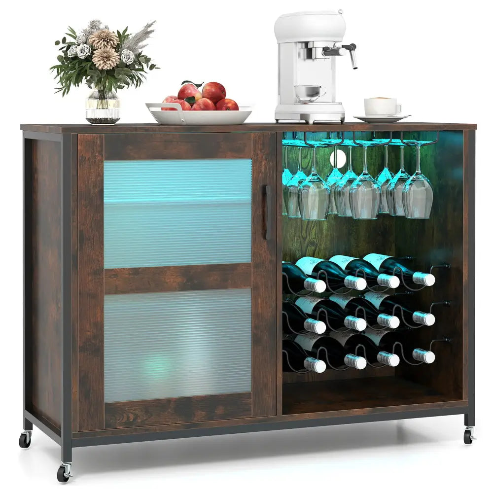 Wine Bar Cabinet with LED Light and Adjustable Shelves-Rustic Brown - Rustic Brown - Wine Racks