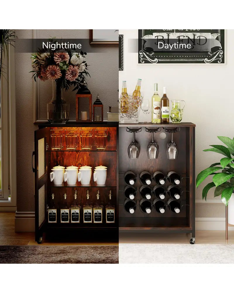 Wine Bar Cabinet with LED Light and Adjustable Shelves-Rustic Brown - Rustic Brown - Wine Racks