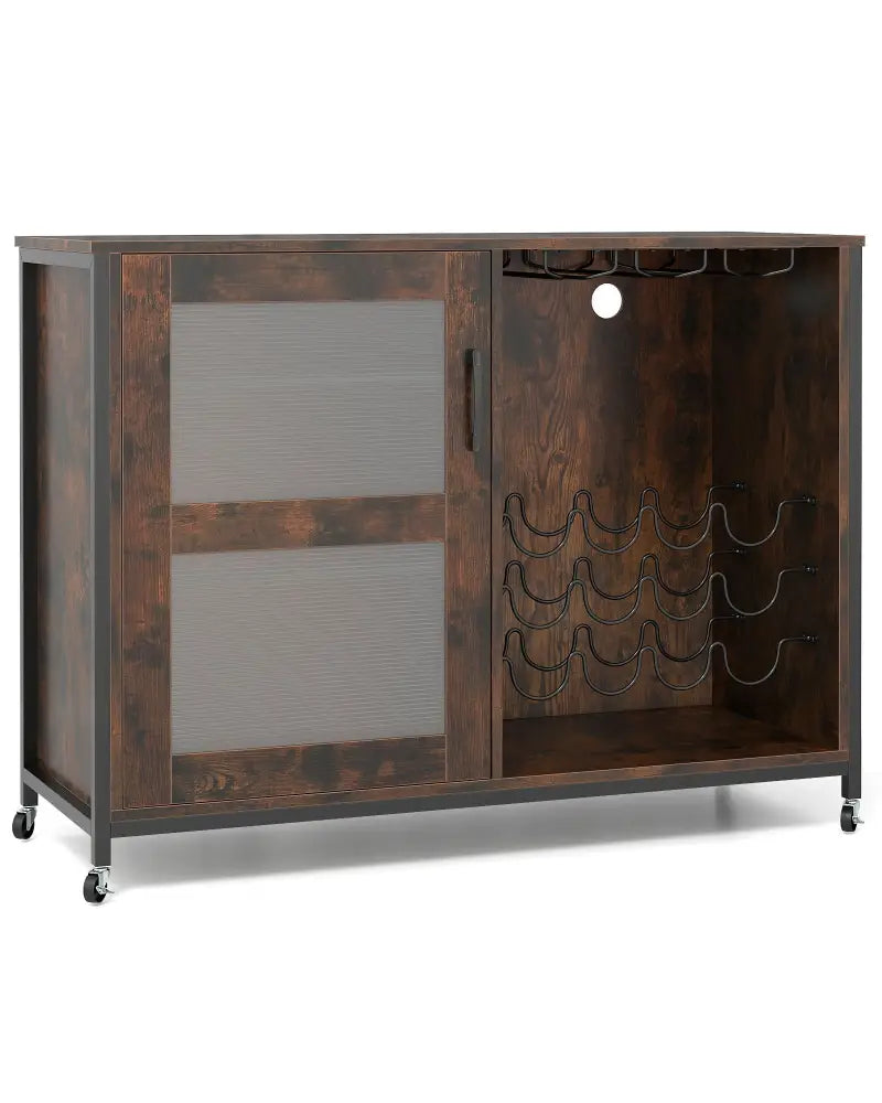 Wine Bar Cabinet with LED Light and Adjustable Shelves-Rustic Brown - Rustic Brown - Wine Racks
