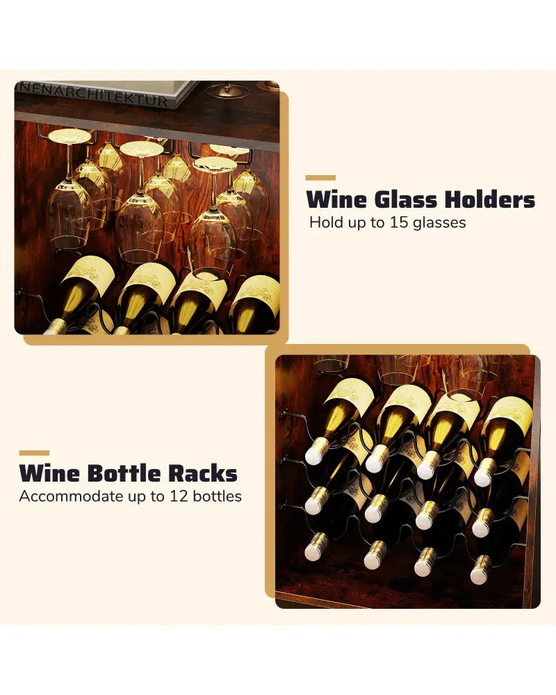 Wine Bar Cabinet with LED Light and Adjustable Shelves-Rustic Brown - Rustic Brown - Wine Racks