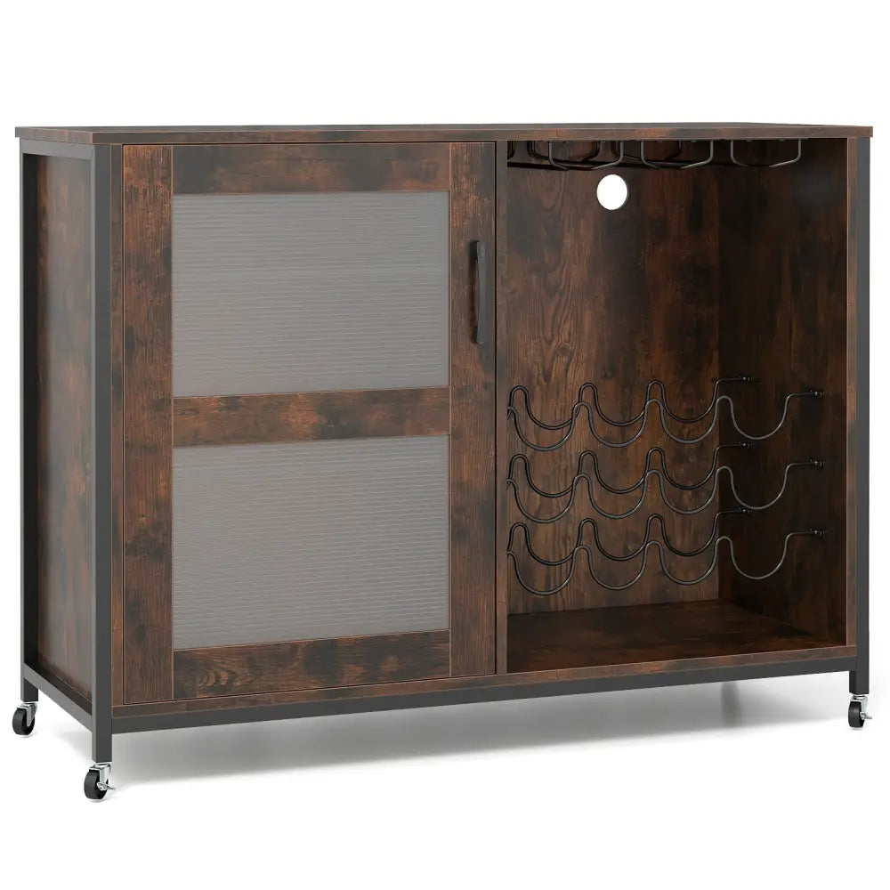 Wine Bar Cabinet with LED Light and Adjustable Shelves-Rustic Brown - Rustic Brown - Wine Racks