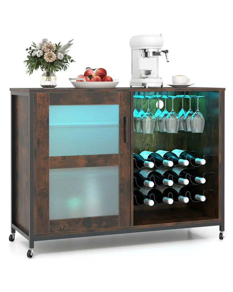 Wine Bar Cabinet with LED Light and Adjustable Shelves-Rustic Brown - Rustic Brown - Wine Racks
