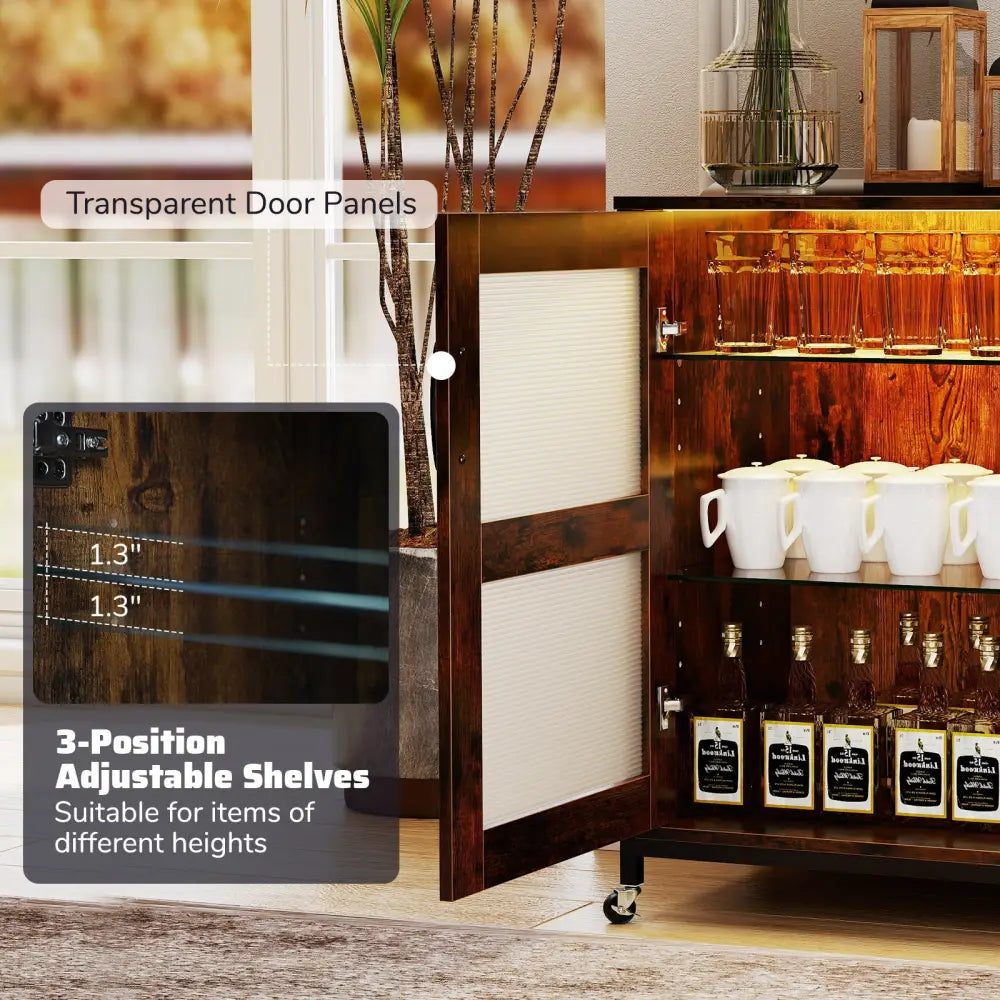 Wine Bar Cabinet with LED Light and Adjustable Shelves-Rustic Brown - Rustic Brown - Wine Racks