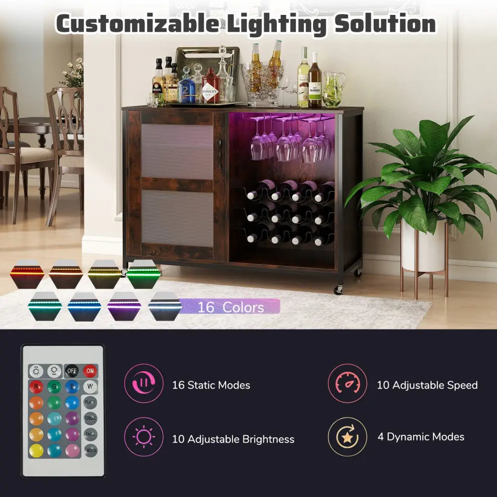 Wine Bar Cabinet with LED Light and Adjustable Shelves-Rustic Brown - Rustic Brown - Wine Racks