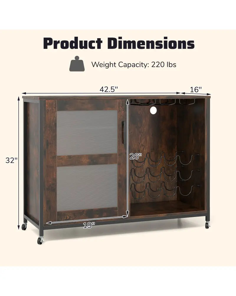Wine Bar Cabinet with LED Light and Adjustable Shelves-Rustic Brown - Rustic Brown - Wine Racks