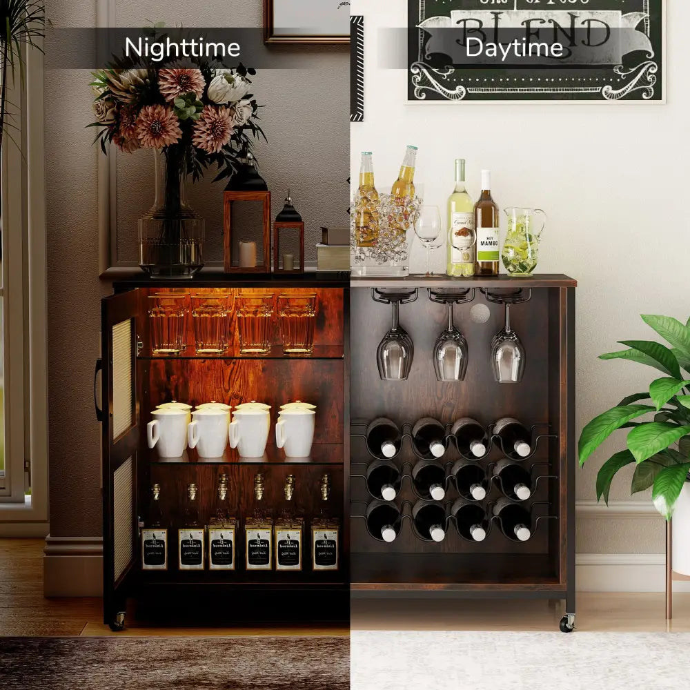 Wine Bar Cabinet with LED Light and Adjustable Shelves-Rustic Brown - Rustic Brown - Wine Racks