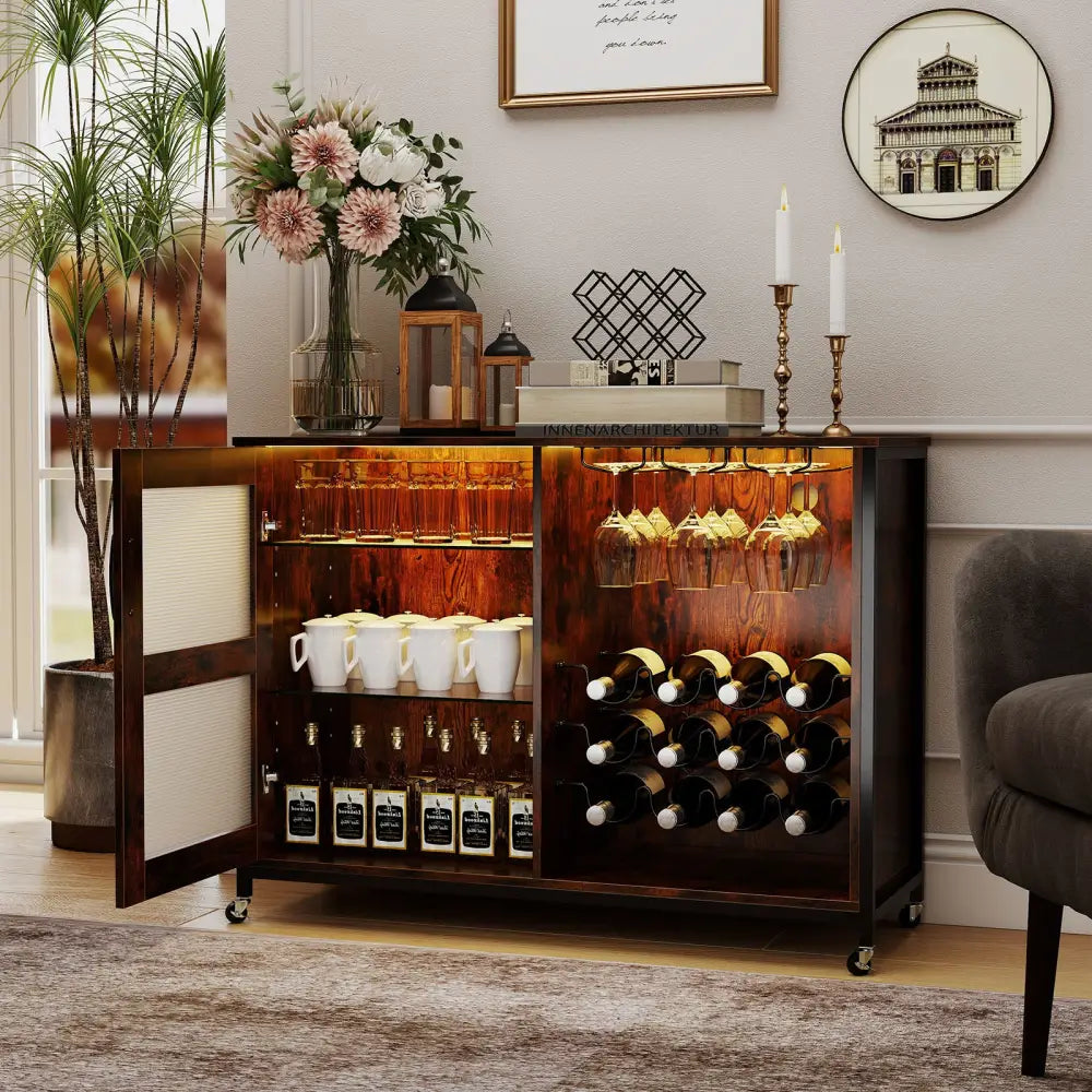 Wine Bar Cabinet with LED Light and Adjustable Shelves-Rustic Brown - Rustic Brown - Wine Racks