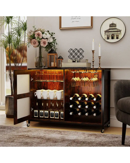 Wine Bar Cabinet with LED Light and Adjustable Shelves-Rustic Brown - Rustic Brown - Wine Racks