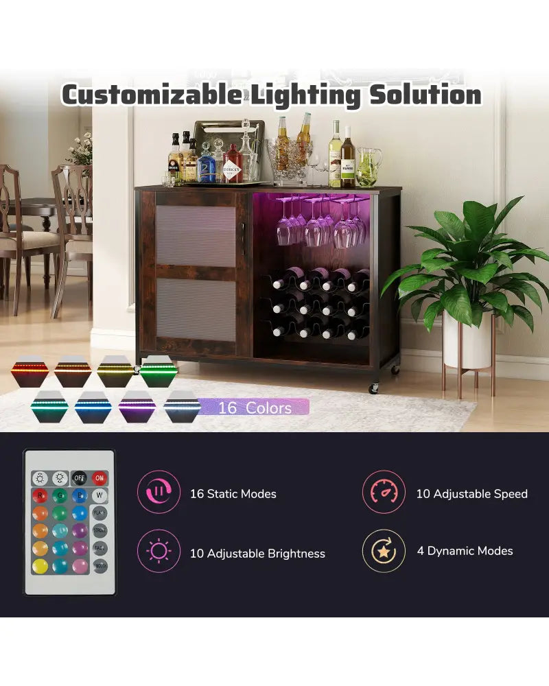 Wine Bar Cabinet with LED Light and Adjustable Shelves-Rustic Brown - Rustic Brown - Wine Racks