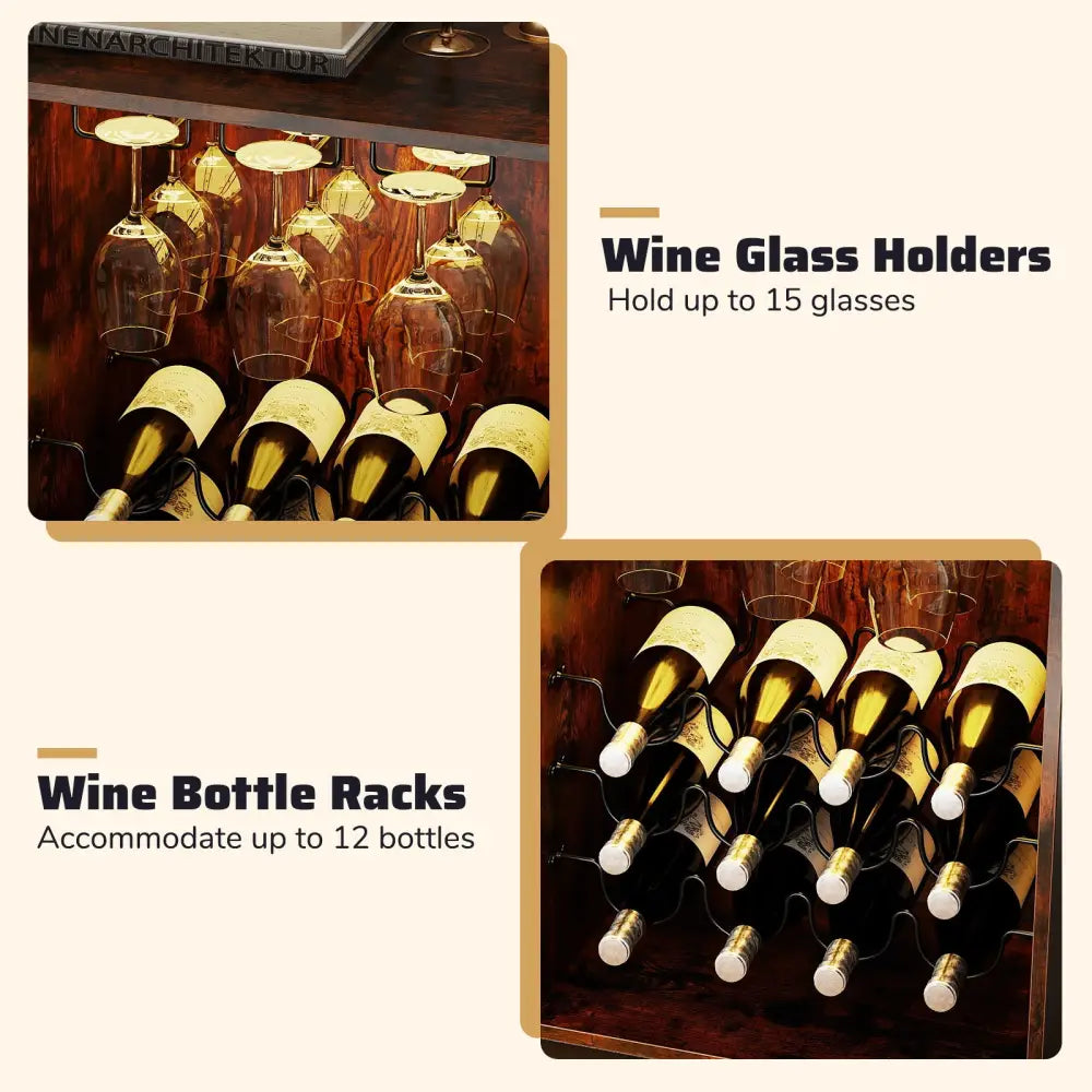 Wine Bar Cabinet with LED Light and Adjustable Shelves-Rustic Brown - Rustic Brown - Wine Racks