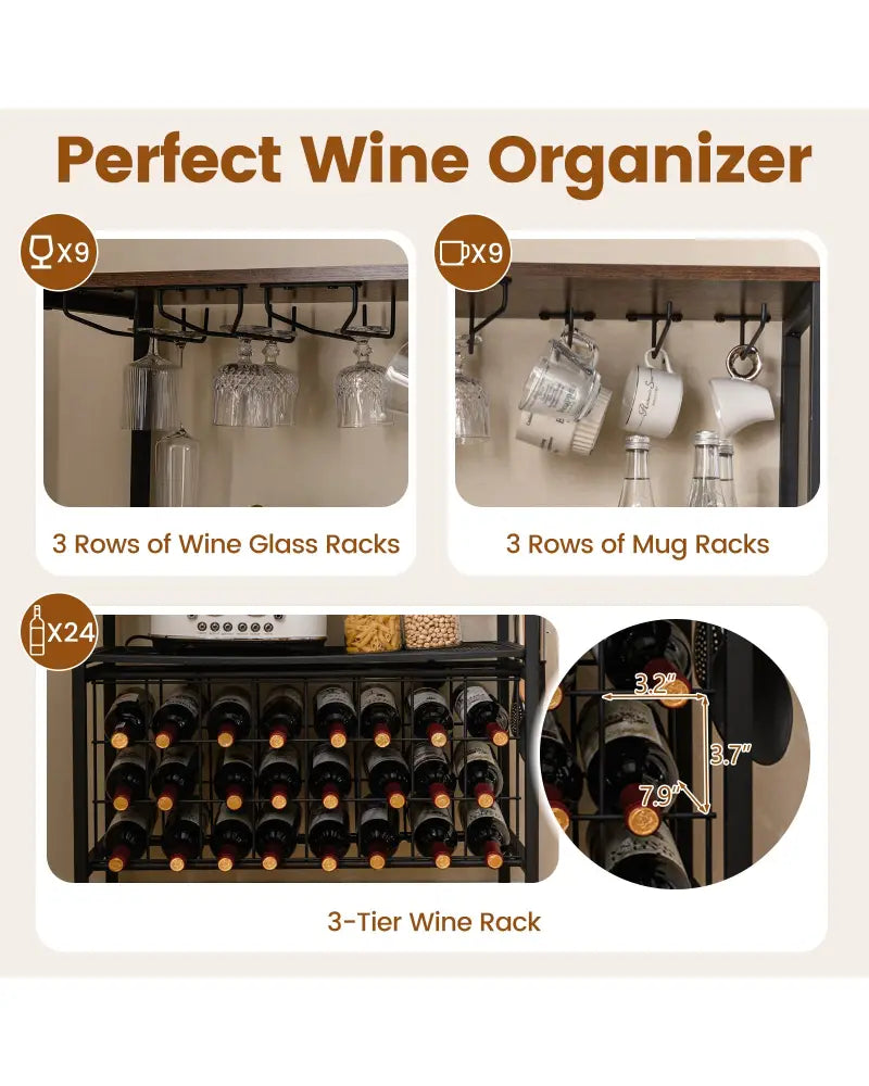 Wine Organizer with Power Outlet and Bottle Holders-Rustic Brown - Rustic Brown - Wine Racks