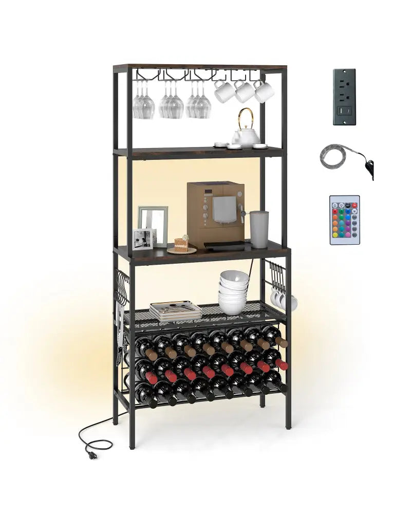 Wine Organizer with Power Outlet and Bottle Holders-Rustic Brown - Rustic Brown - Wine Racks
