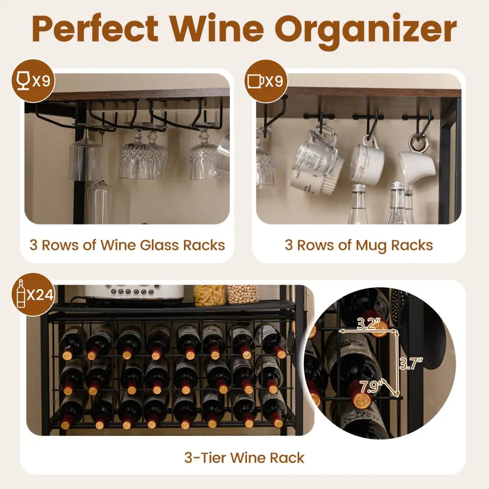 Wine Organizer with Power Outlet and Bottle Holders-Rustic Brown - Rustic Brown - Wine Racks