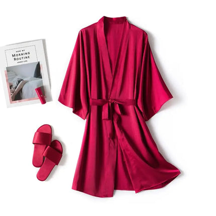 Women’s Satin Kimono Robe Set – Short Mini Nightgown, Polyester Sleepwear, Bridal Wedding Gift, Casual Lingerie Nightwear - Oasis Home Essentials