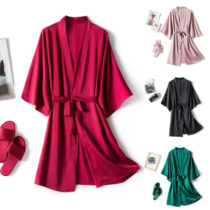 Women’s Satin Kimono Robe Set – Short Mini Nightgown, Polyester Sleepwear, Bridal Wedding Gift, Casual Lingerie Nightwear - Oasis Home Essentials