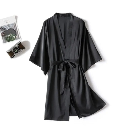 Women’s Satin Kimono Robe Set – Short Mini Nightgown, Polyester Sleepwear, Bridal Wedding Gift, Casual Lingerie Nightwear - Oasis Home Essentials
