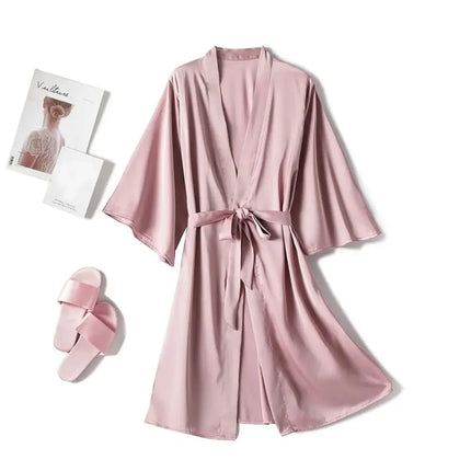 Women’s Satin Kimono Robe Set – Short Mini Nightgown, Polyester Sleepwear, Bridal Wedding Gift, Casual Lingerie Nightwear - Oasis Home Essentials