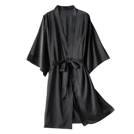 Women’s Satin Kimono Robe Set – Short Mini Nightgown, Polyester Sleepwear, Bridal Wedding Gift, Casual Lingerie Nightwear - Oasis Home Essentials