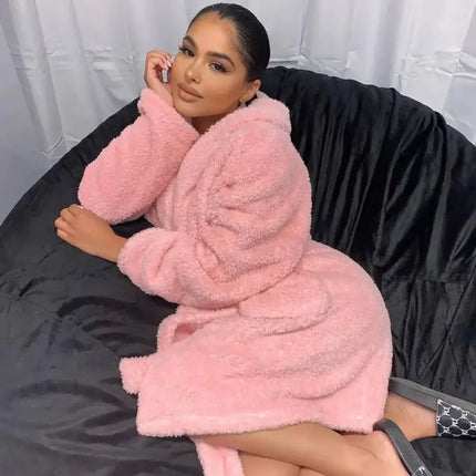 Women’s Winter Flannel Hoodie Robe – Thick Plush Mid‑Calf Pajamas with Cute Ears, Long‑Sleeve Warm Homewear - Oasis Home Essentials