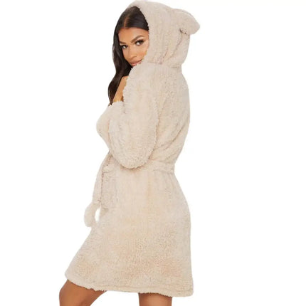 Women’s Winter Flannel Hoodie Robe – Thick Plush Mid‑Calf Pajamas with Cute Ears, Long‑Sleeve Warm Homewear - Oasis Home Essentials