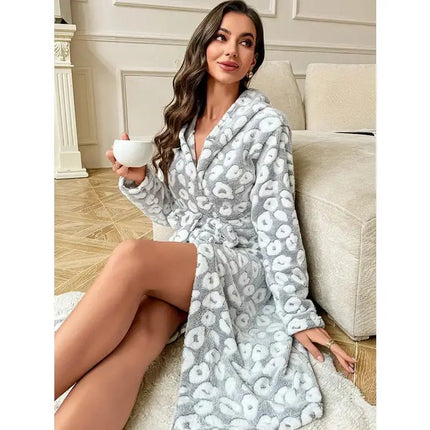 Women’s Winter Plush Velour Robe – Luxury Mid‑Calf Corduroy‑Style Nightwear, Long‑Sleeved Tie‑Waist Warm Homewear - Oasis Home Essentials