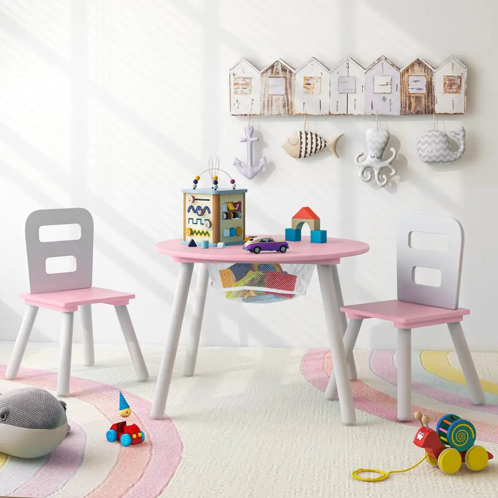 Wood Activity Kids Table and Chair Set with Center Mesh Storage for Snack Time and Homework-Pink - Pink - Kids Table &