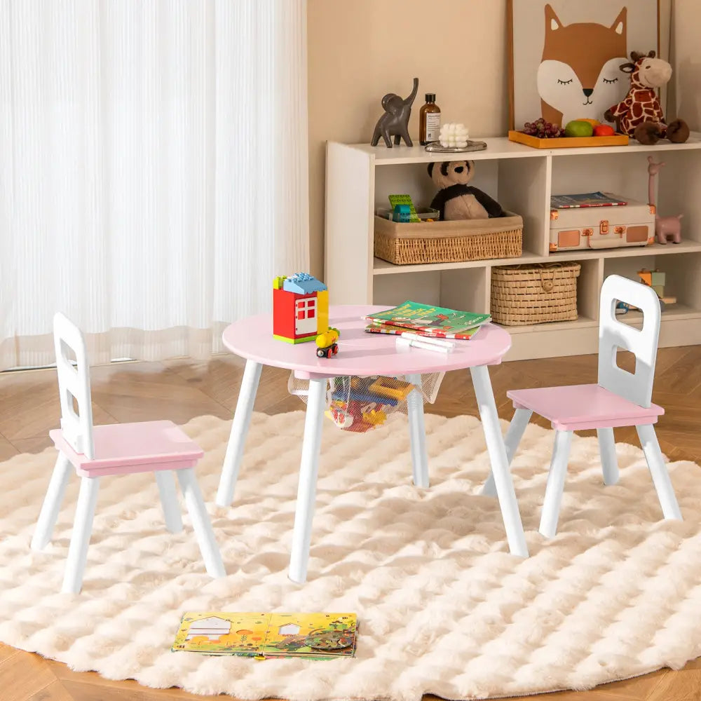 Wood Activity Kids Table and Chair Set with Center Mesh Storage for Snack Time and Homework-Pink - Pink - Kids Table &