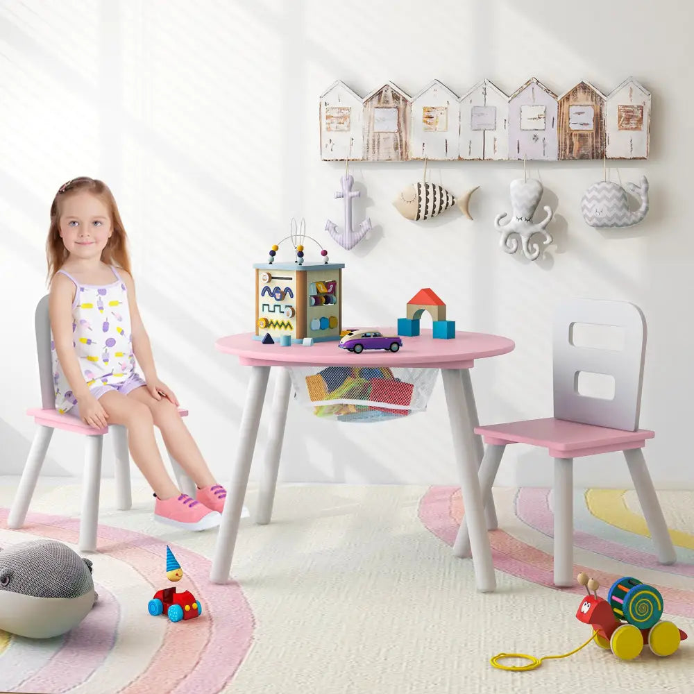 Wood Activity Kids Table and Chair Set with Center Mesh Storage for Snack Time and Homework-Pink - Pink - Kids Table &